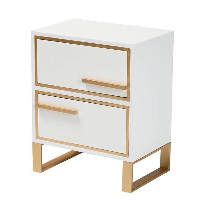 Giolla Contemporary Glam And Luxe White Finished Wood And Gold Metal 2-Drawer Nightstand, WHITE GOLD, hi-res image number null