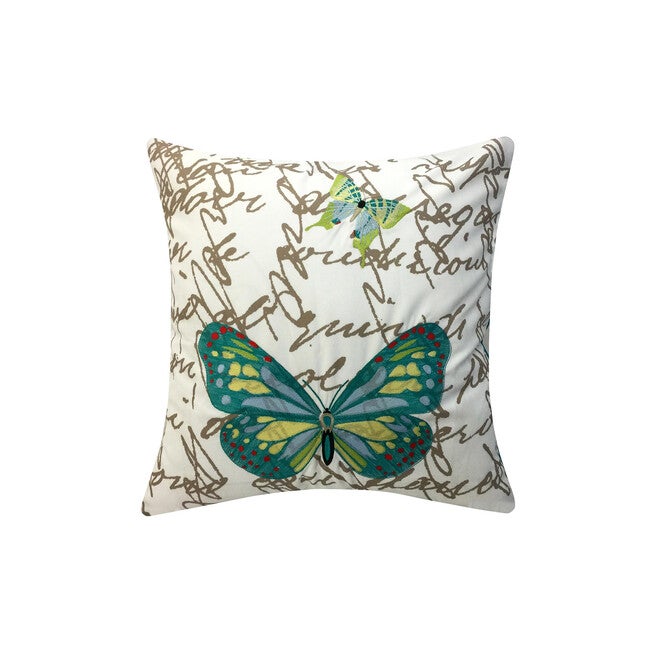 Edie @ Home Indoor/Outdoor Embroidered Butterfly Decorative Throw Pillow 17X17, Turq Multi, TURQUOISE, hi-res image number null