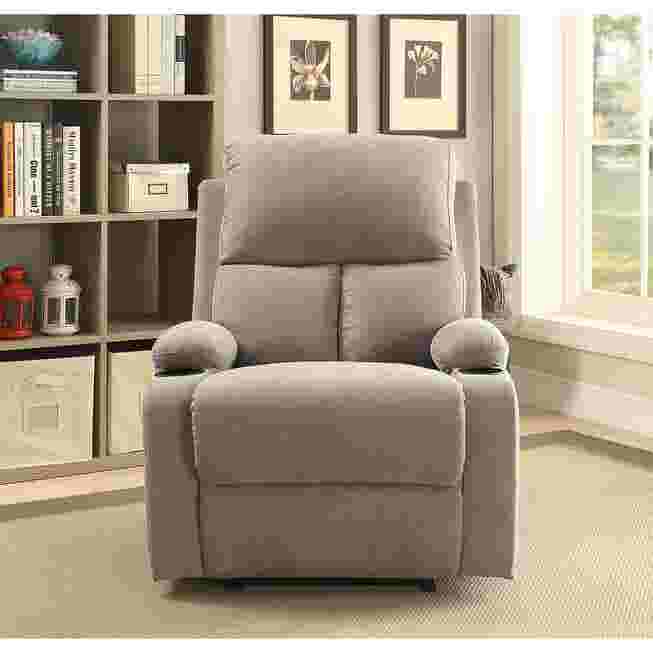 Beige recliner with remote and books behind