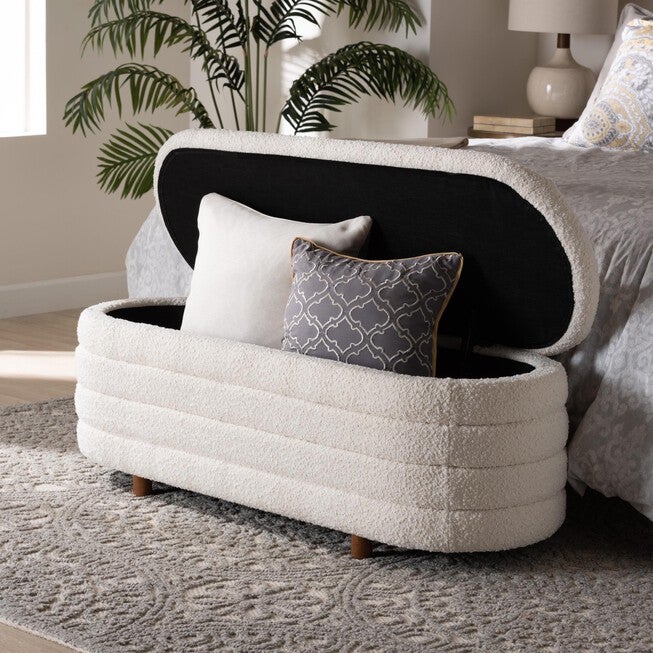 Betiana Modern Japandi Cream Boucle Fabric And Walnut Brown Finished Wood Storage Bench, , alternate image number null