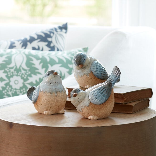 Ceramic Bird Figurines with Unglazed Accents (Set of 3), BLUE BEIGE, alternate image number null