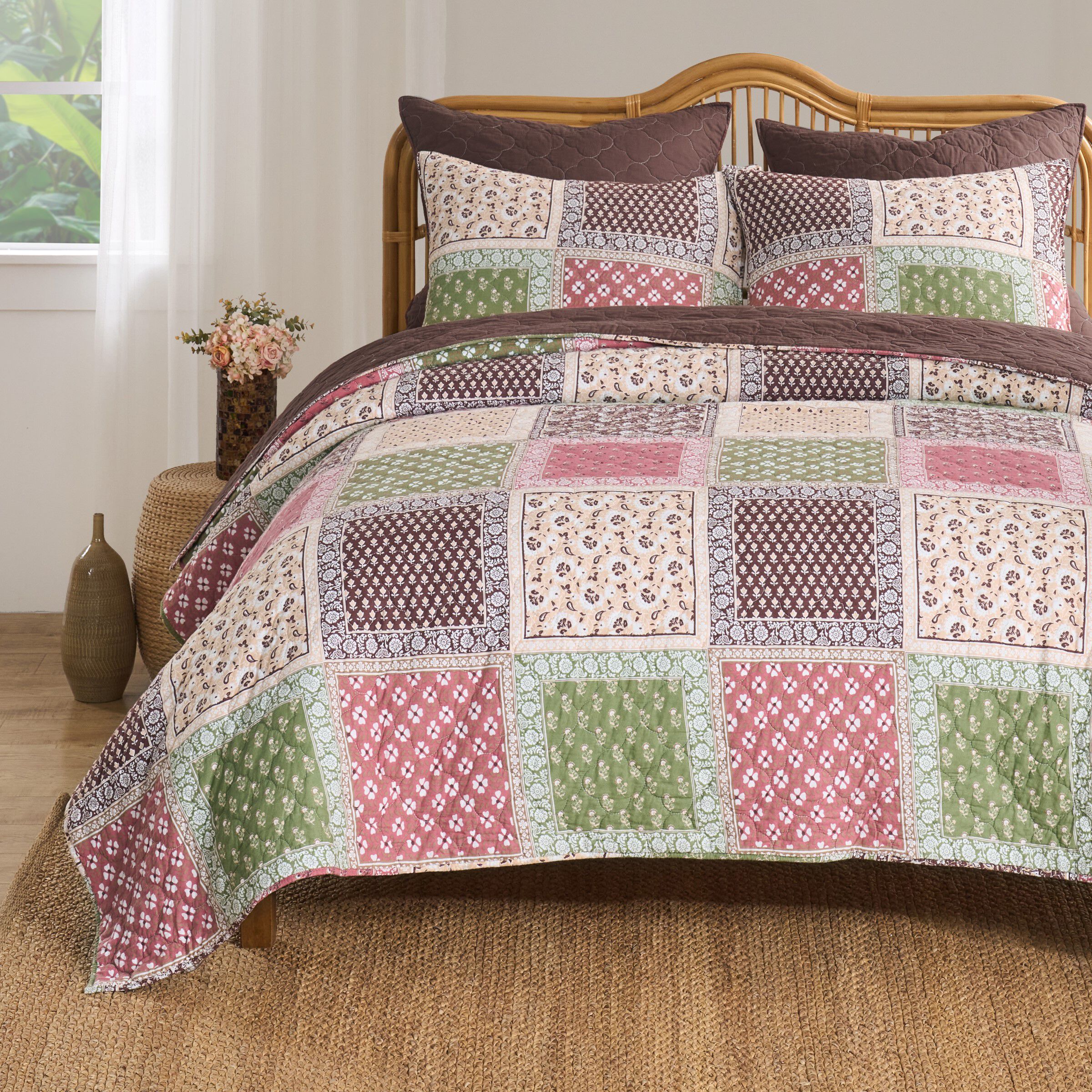 Priya Elegant Earthy Boho Patchwork Reversible Quilt Set, MULTI, alternate image number 5