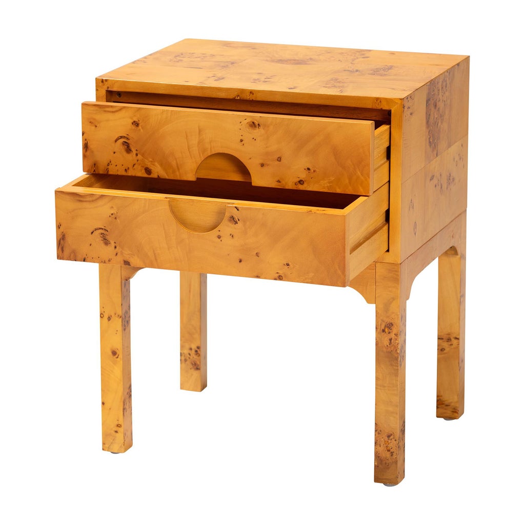 Natural burl wood nightstand shown from front-left with drawers open/accessible.