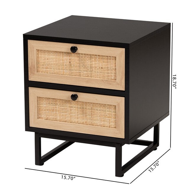 Declan Mid-Century Modern Espresso Brown Finished Wood And Natural Rattan 2-Drawer Nightstand, , alternate image number null