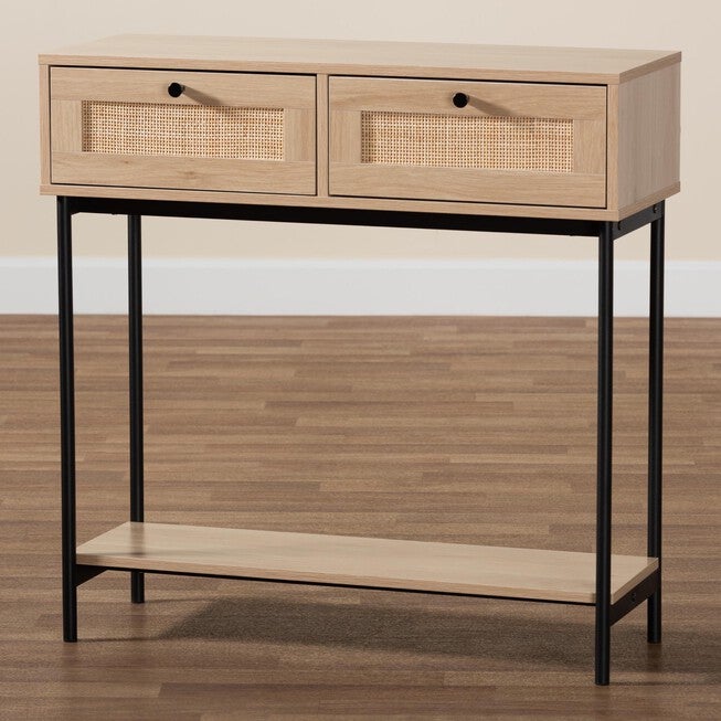 Sherwin Mid-Century Modern Light Brown And Black 2-Drawer Console Table With Woven Rattan Accent, , alternate image number 8
