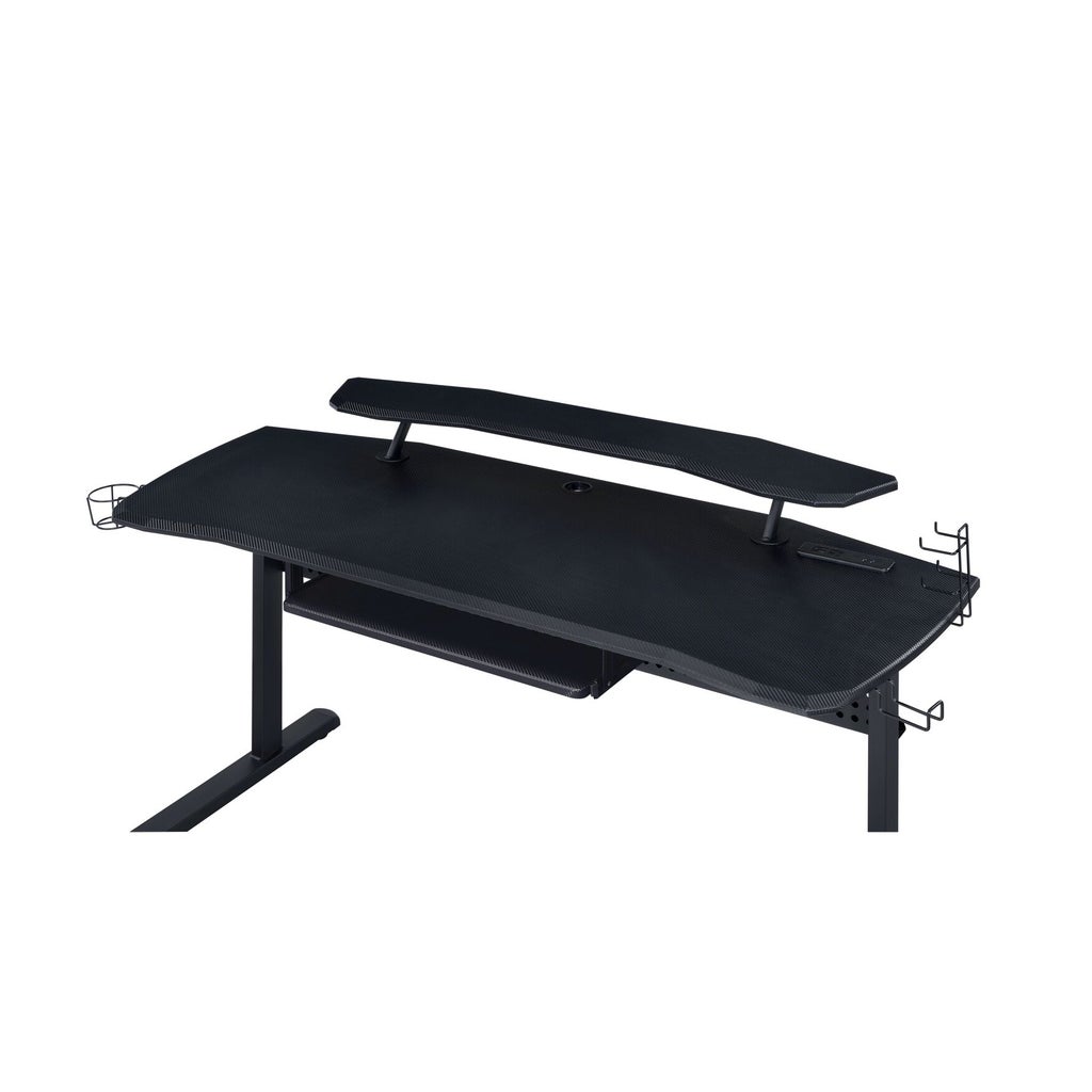 Desk with top shelf and central keyboard tray