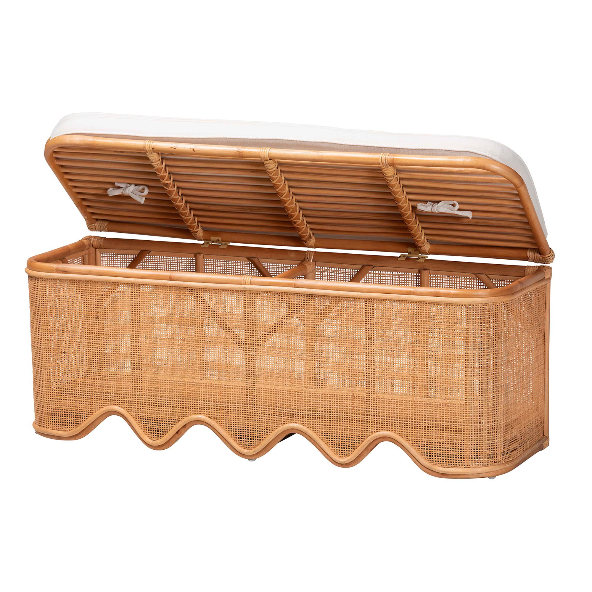 Rivka Natural Rattan Storage Bench with Scalloped Base and Cushion, HONEY, alternate image number 2