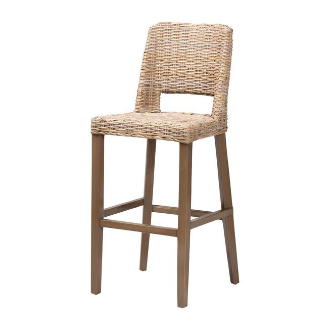 Magy Modern Bohemian Grey Kubu Rattan And Mahogany Wood Bar Stool, GREY TAUPE, hi-res image number null