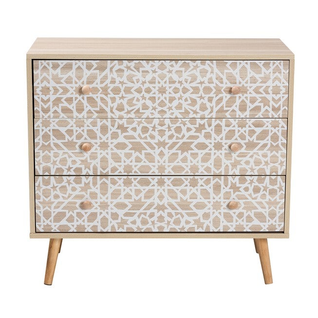 Beau Mid-Century Modern Transitional Two-Tone White And Oak Brown Finished Wood 3-Drawer Storage Cabinet, , alternate image number null