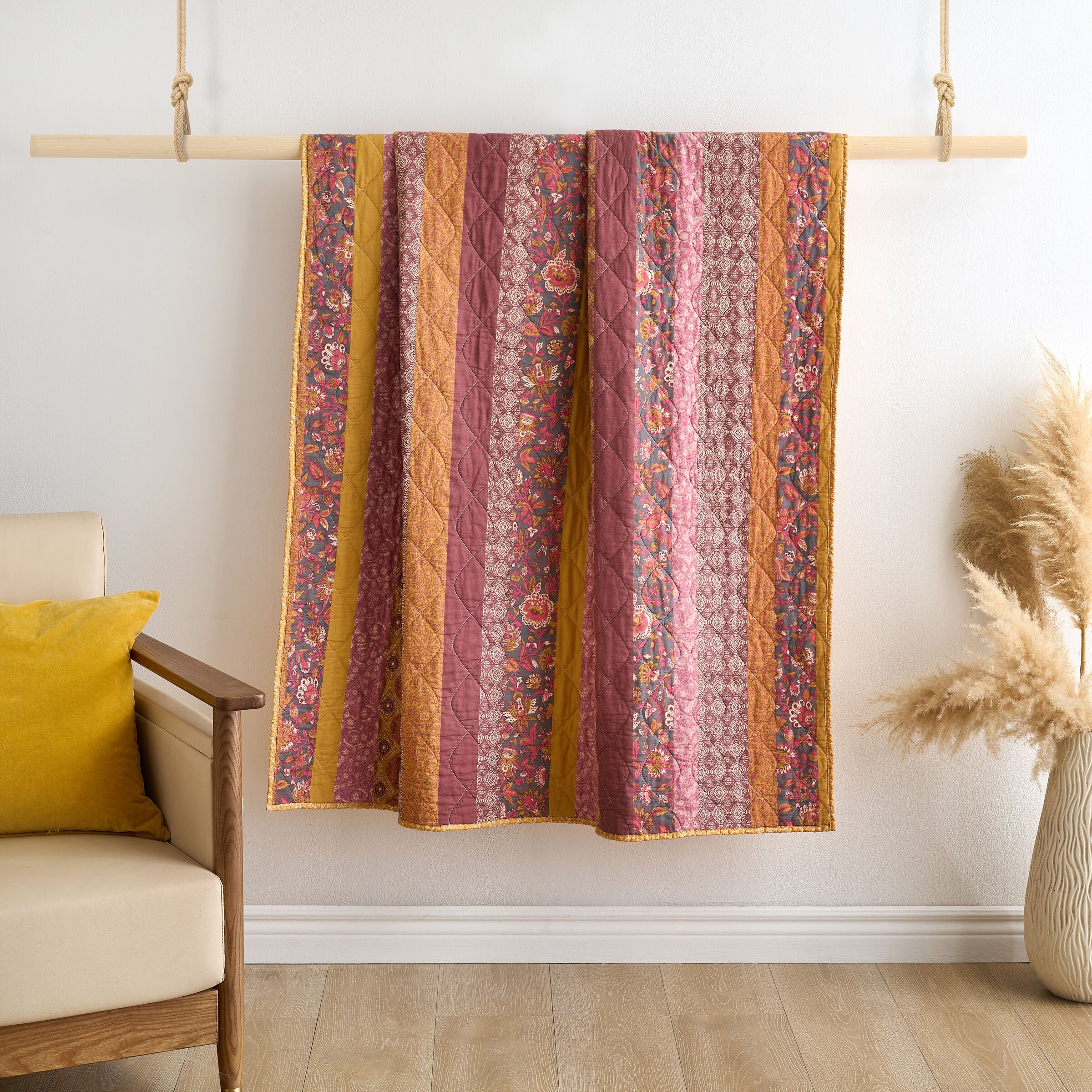 Marigold Floral Patchwork Stripes Quilted Throw Blanket, SUNSET, alternate image number 2