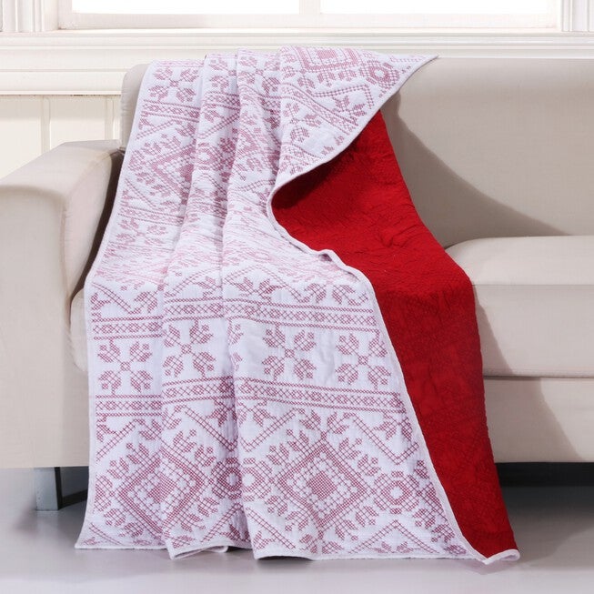 Holly, Cross Stitch Quilted Throw Blanket, WHITE, hi-res image number 0