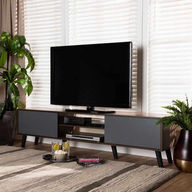 Clapton Modern and Contemporary Multi-Tone Grey and Walnut Brown Finished Wood TV Stand, GREY, hi-res image number 0