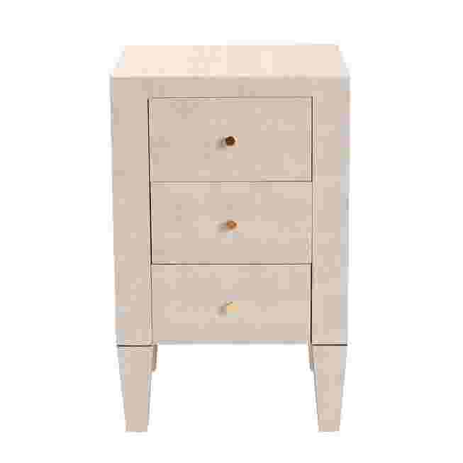 Beige faux shagreen end table with three drawers and a clean, modern look.