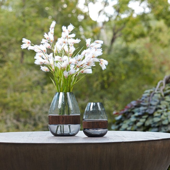 Grey Glass Vase with Natural Wood Accent 7.5 inchesH, BROWN/GREY, alternate image number null