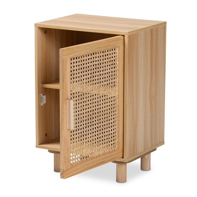 Maclean Mid-Century Modern Rattan And Natural Brown Finished Wood 1-Door Nightstand, , on-hover image number null