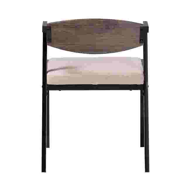 a dining chair with a fabric seat and backrest and metal frame