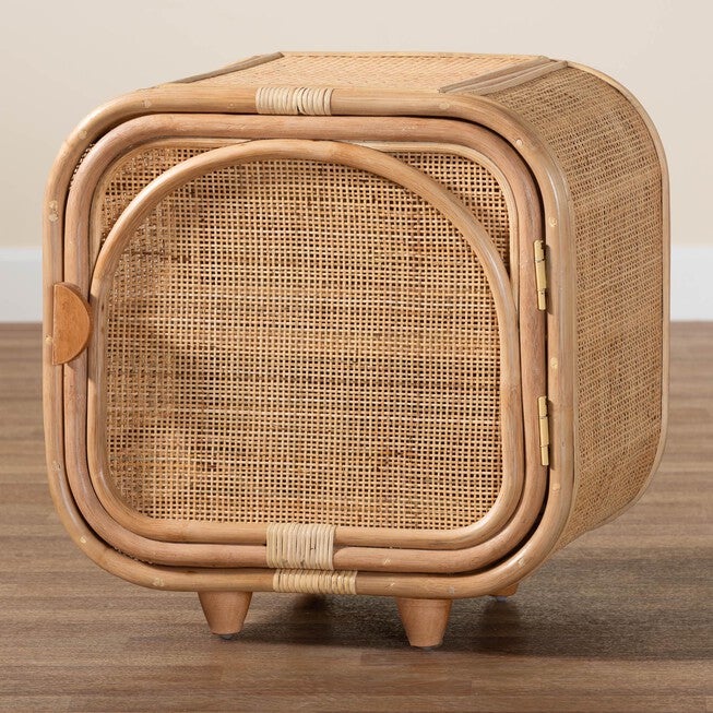 Keita Bohemian Natural Rattan And Mahogany Wood Nightstand, , alternate image number null