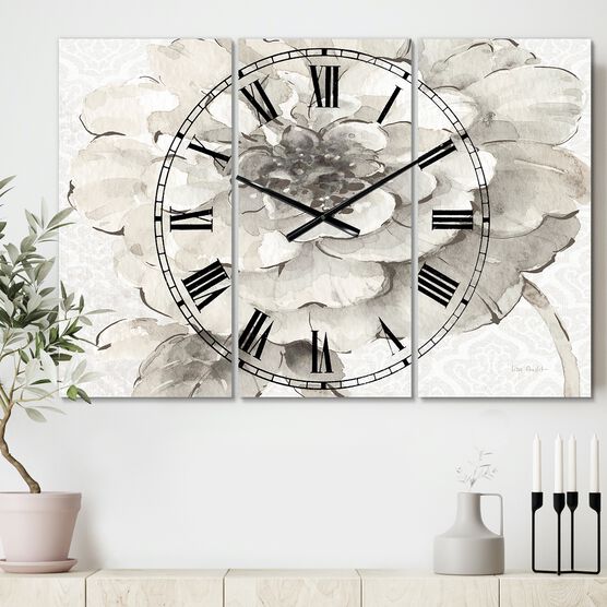 Indigold Grey Peonies I Traditional Multipanel Wall Clock, GREY, hi-res image number null