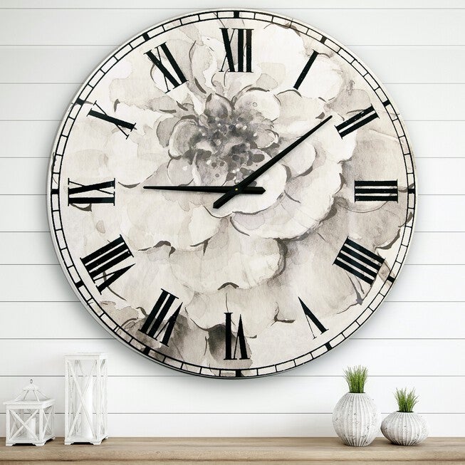 Indigold Grey Peonies I Traditional Wall Clock, GREY, hi-res image number 0