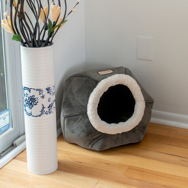 Gray Velvet Cat Bed, , on-hover image number 1