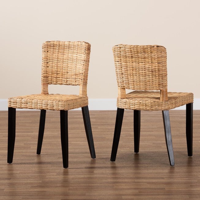 Dermot Modern Bohemian Dark Brown Finished Wood And Natural Rattan 2-Piece Dining Chair Set, , alternate image number null