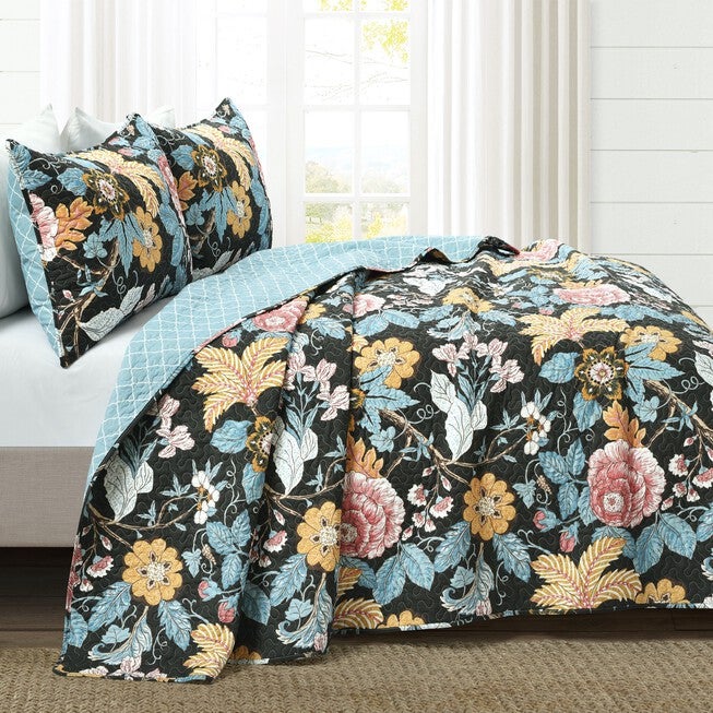 Lush Décor Sydney Quilt Black/Blue 3Pc Set, , alternate image number null