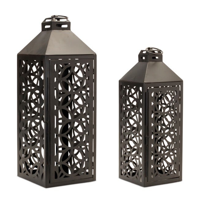Ornate Geometric Metal Lantern (Set of 2), BLACK, alternate image number 2