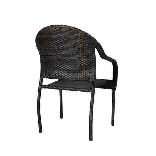 Black wicker stacking chair with armrests from a side angle on a white background