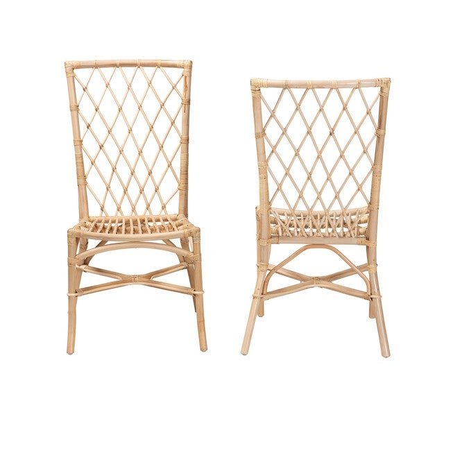 Doria Modern Bohemian Natural Brown Rattan 2-Piece Dining Chair Set, , on-hover image number 1