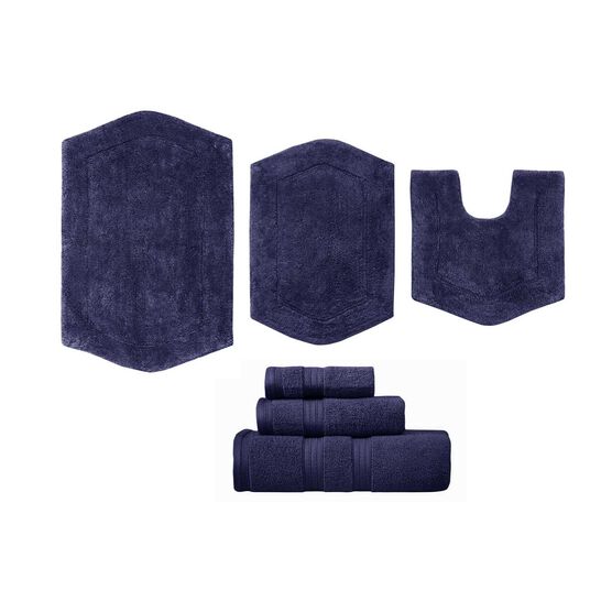 Waterford 6 Piece Set of Bath Rugs and Towels Collection, NAVY, hi-res image number null