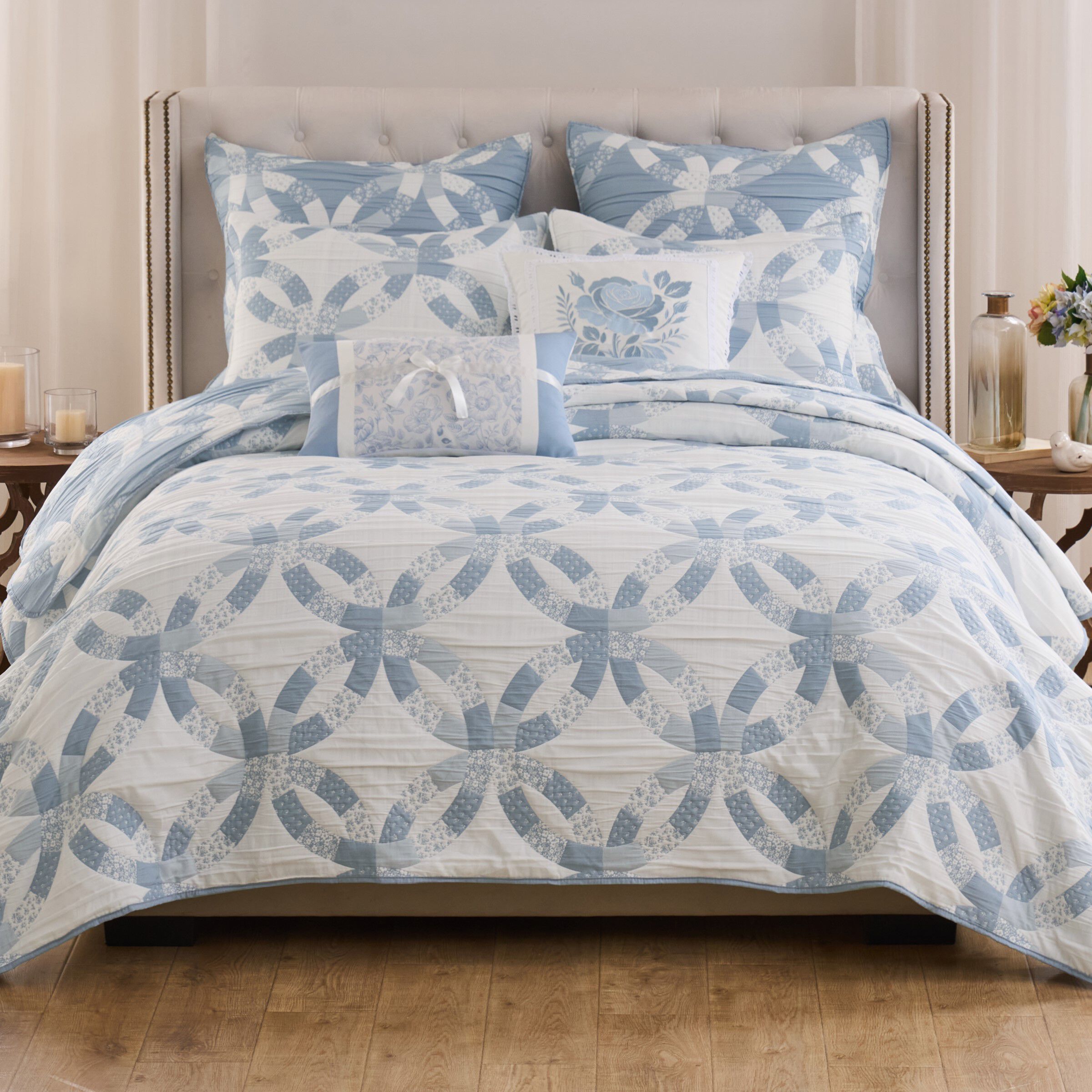 Wedding Ring Floral Reversible Coverlet Set, Blue, BLUE, hi-res image number 0