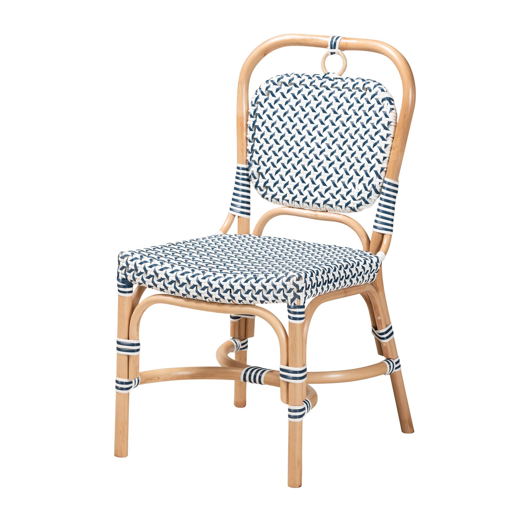 Luciana Modern French Blue and White Weaving Natural Rattan Bistro Chair, BLUE, alternate image number 2
