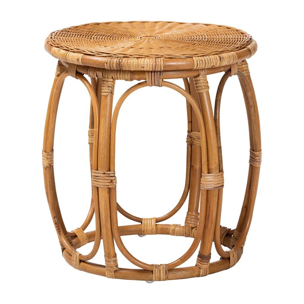 Natural rattan round end table back view with woven top and open ring base