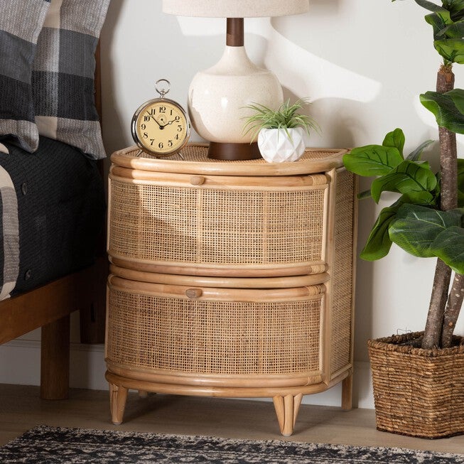 Oleta Modern Bohemian Natural Brown Rattan 2-Drawer Nightstand, , alternate image number null