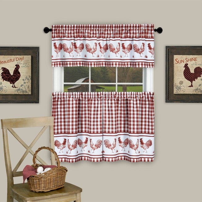 Barnyard Window Curtain Tier Pair and Valance Set, BURGUNDY, hi-res image number 0