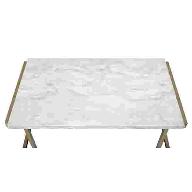 A white sofa table with silver metal legs viewed from an angle on a white background.
