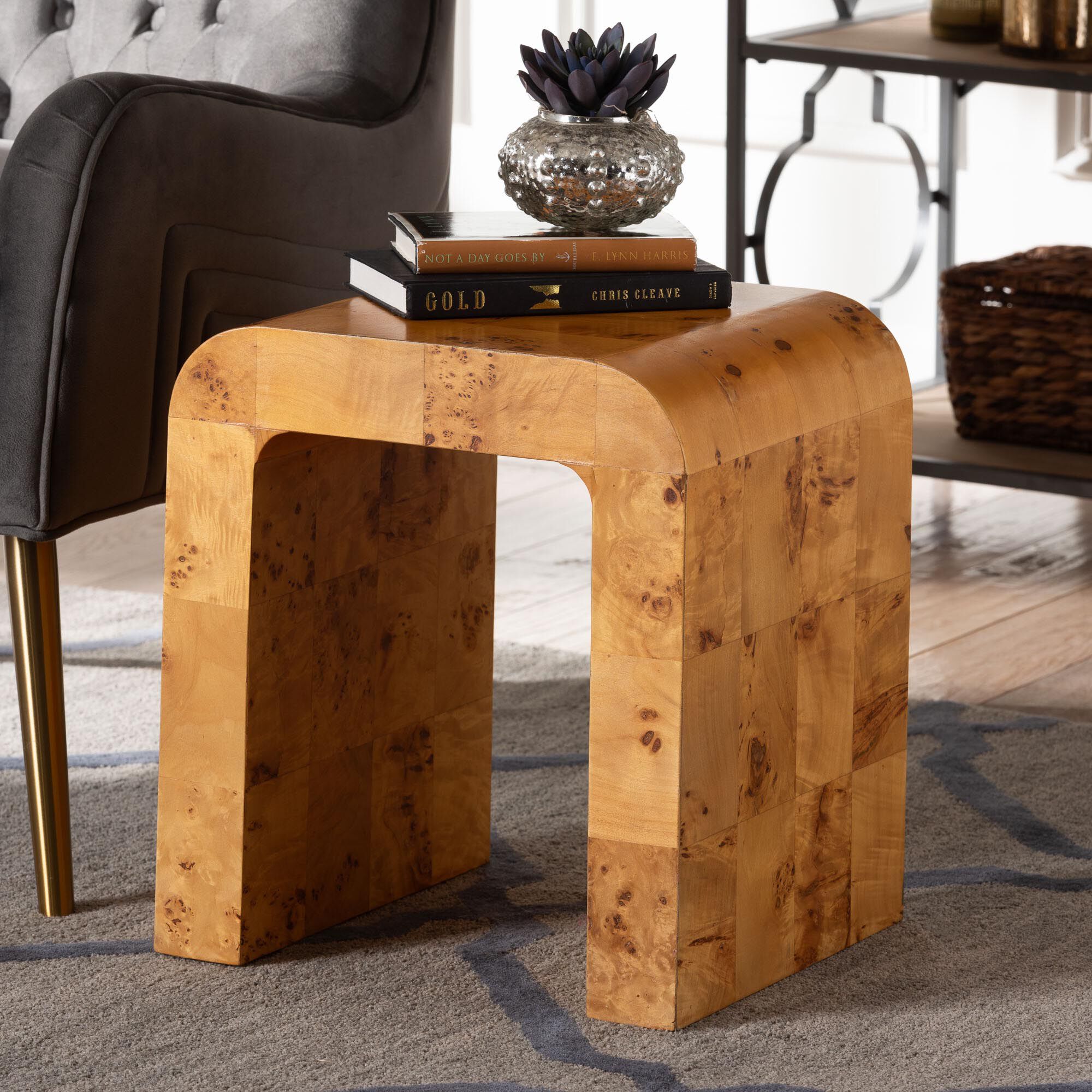 Revelle Modern and Contemporary Natural Light Mappa Real Burl Wood End Table, BURL, hi-res image number 0