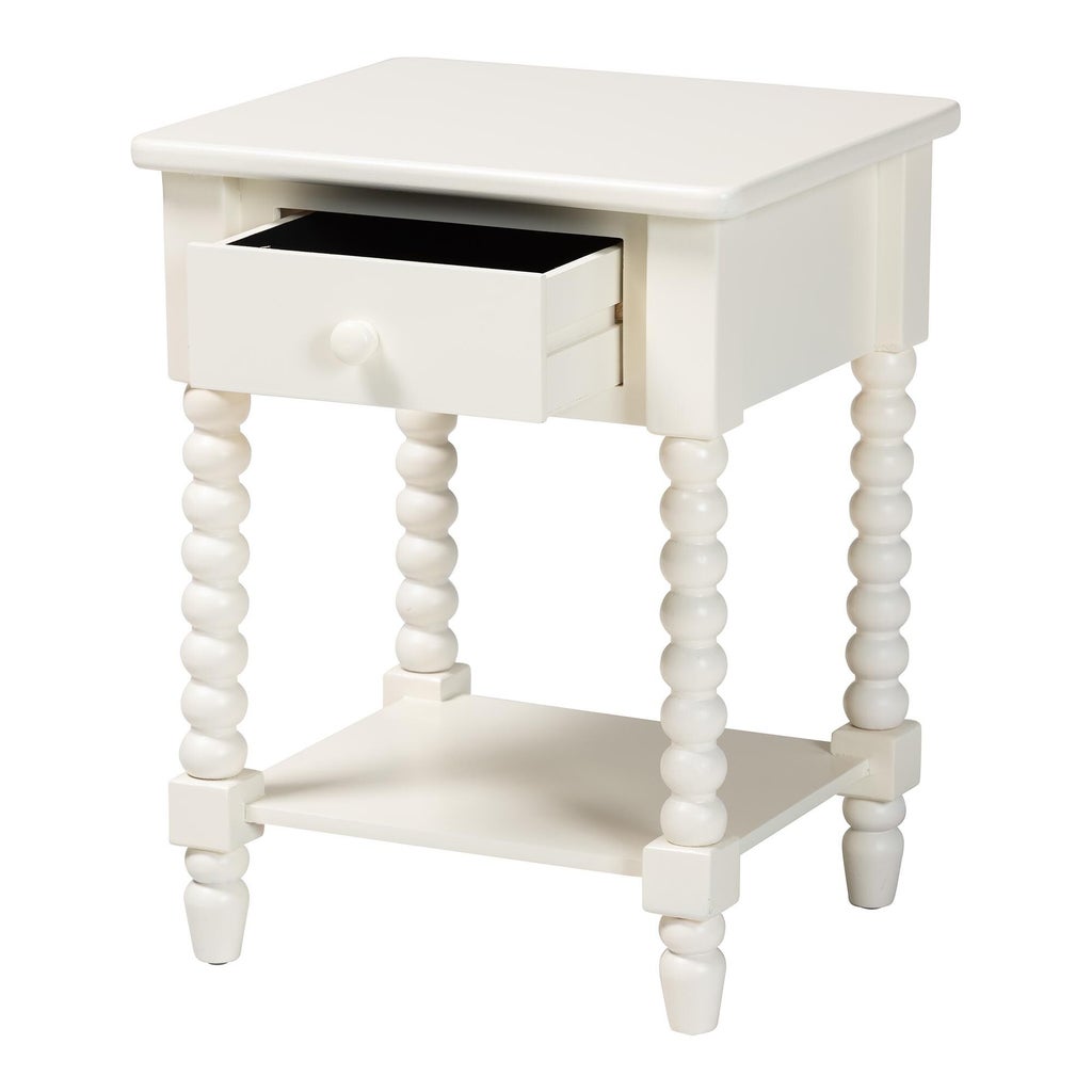 Close-up of the drawer of the Raynera end table with drawer pulled out