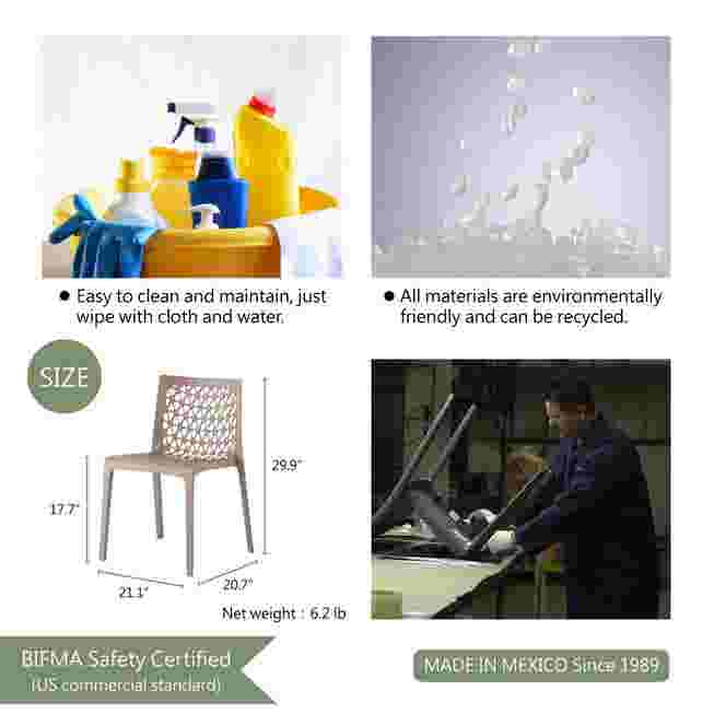 An infographic highlighting the easy maintenance, recyclable materials, and weight of the Milan chair.
