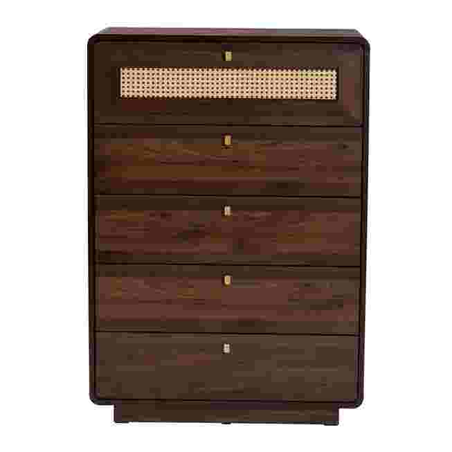 A dark wood chest with a rattan drawer front, shown against a white background.