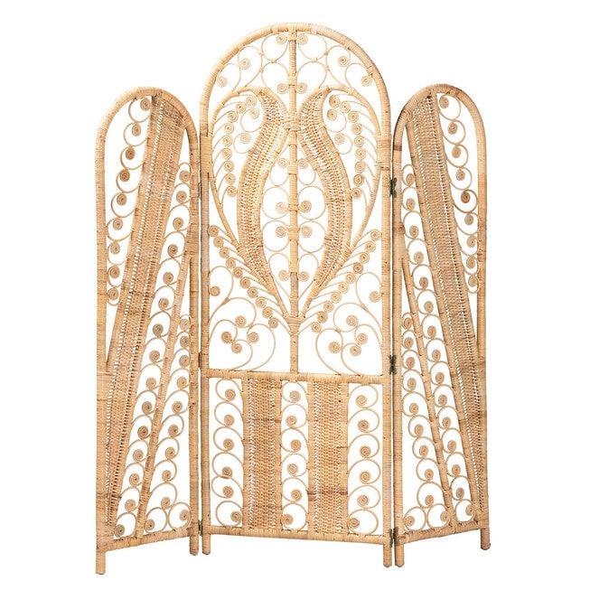 Nadra Modern Bohemian Natural Brown Rattan Room Divider, NATURAL BROWN RATTAN, hi-res image number null