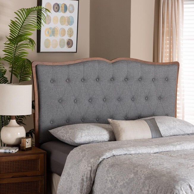 Georgia Classic And Traditional Grey Fabric And Walnut Brown Finished Wood Queen Size Headboard, , alternate image number null