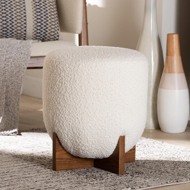Fisk Japandi Cream Boucle Fabric And Walnut Brown Finished Wood Ottoman Footstool, , alternate image number null