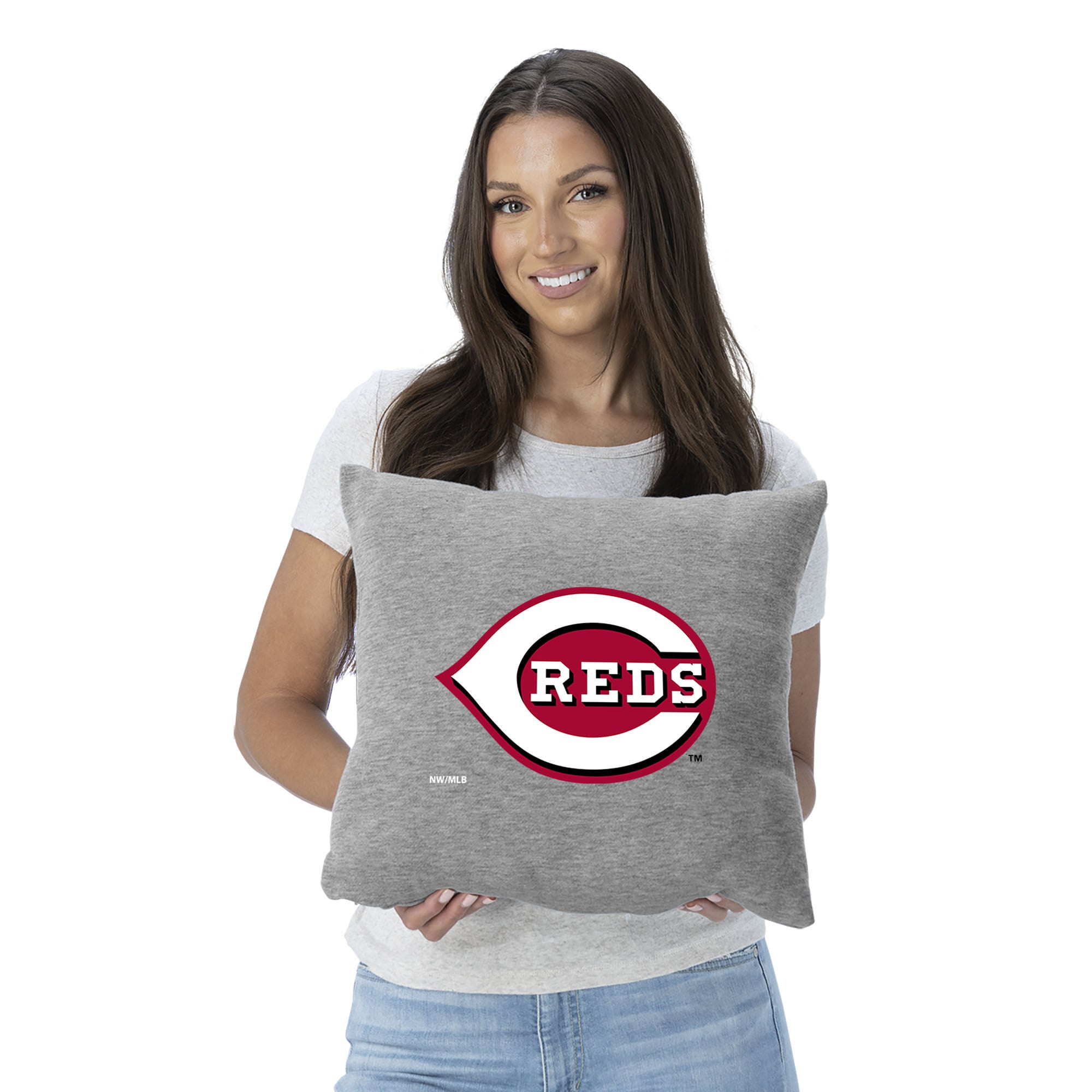 Cincinnati Reds MLB Primary Sweatshirt PIllow 16 Inches, GRAY, on-hover image number 1