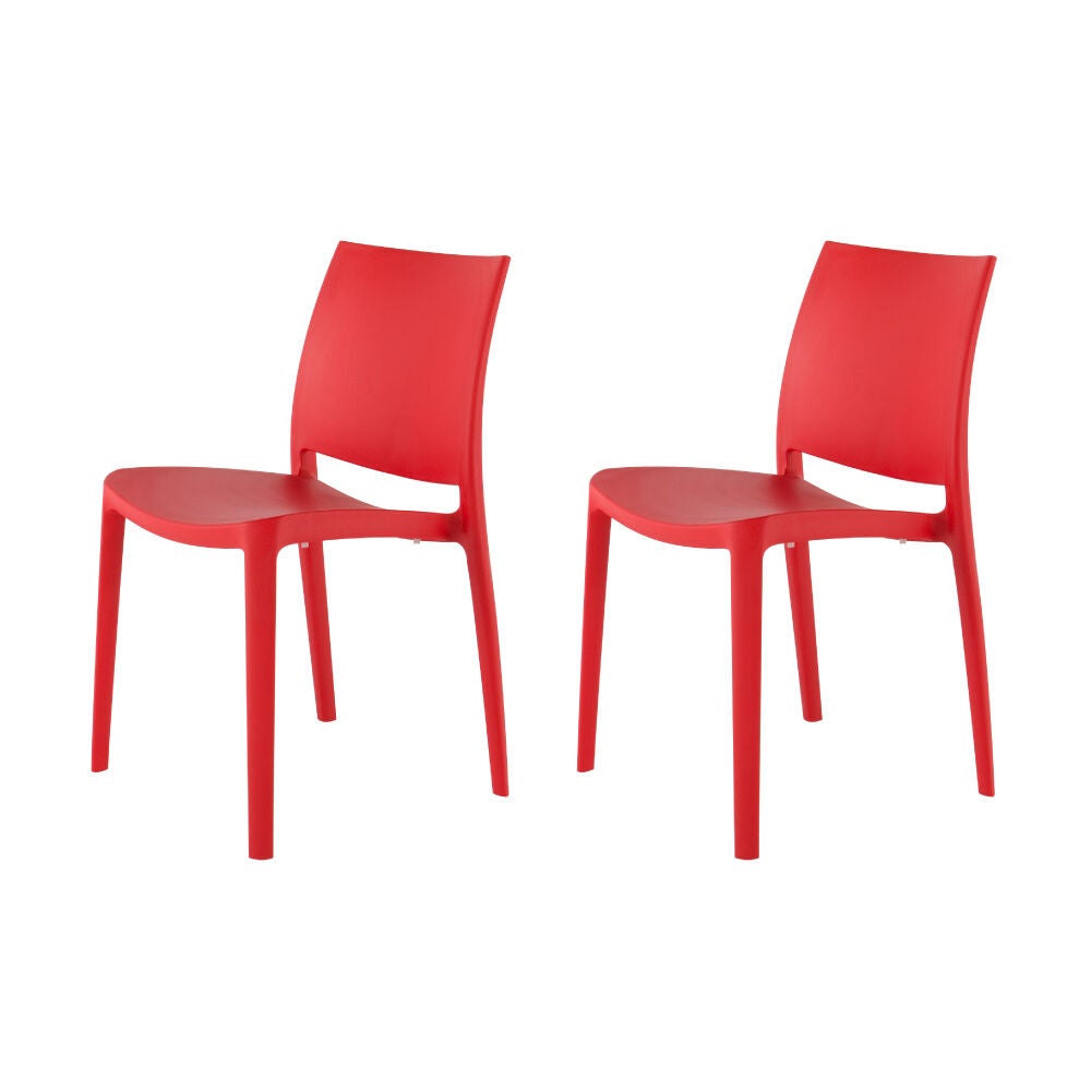 Two red stackable outdoor dining chairs on white background