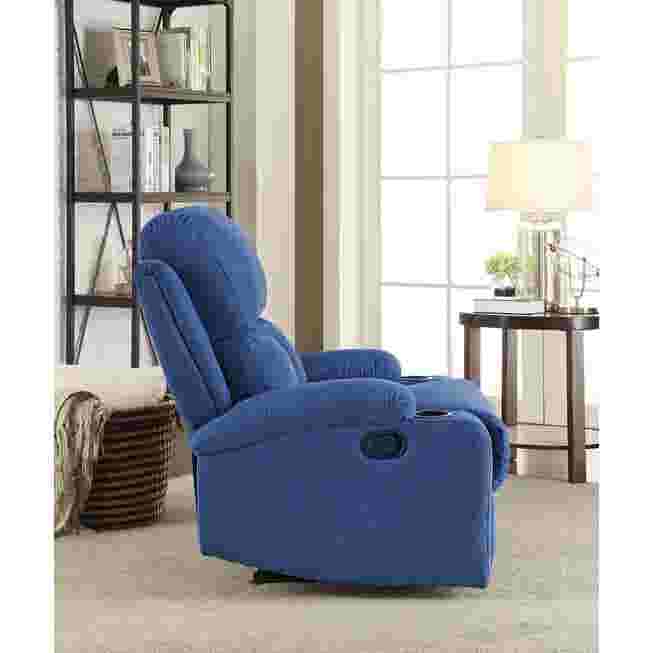 Blue recliner side view in living room