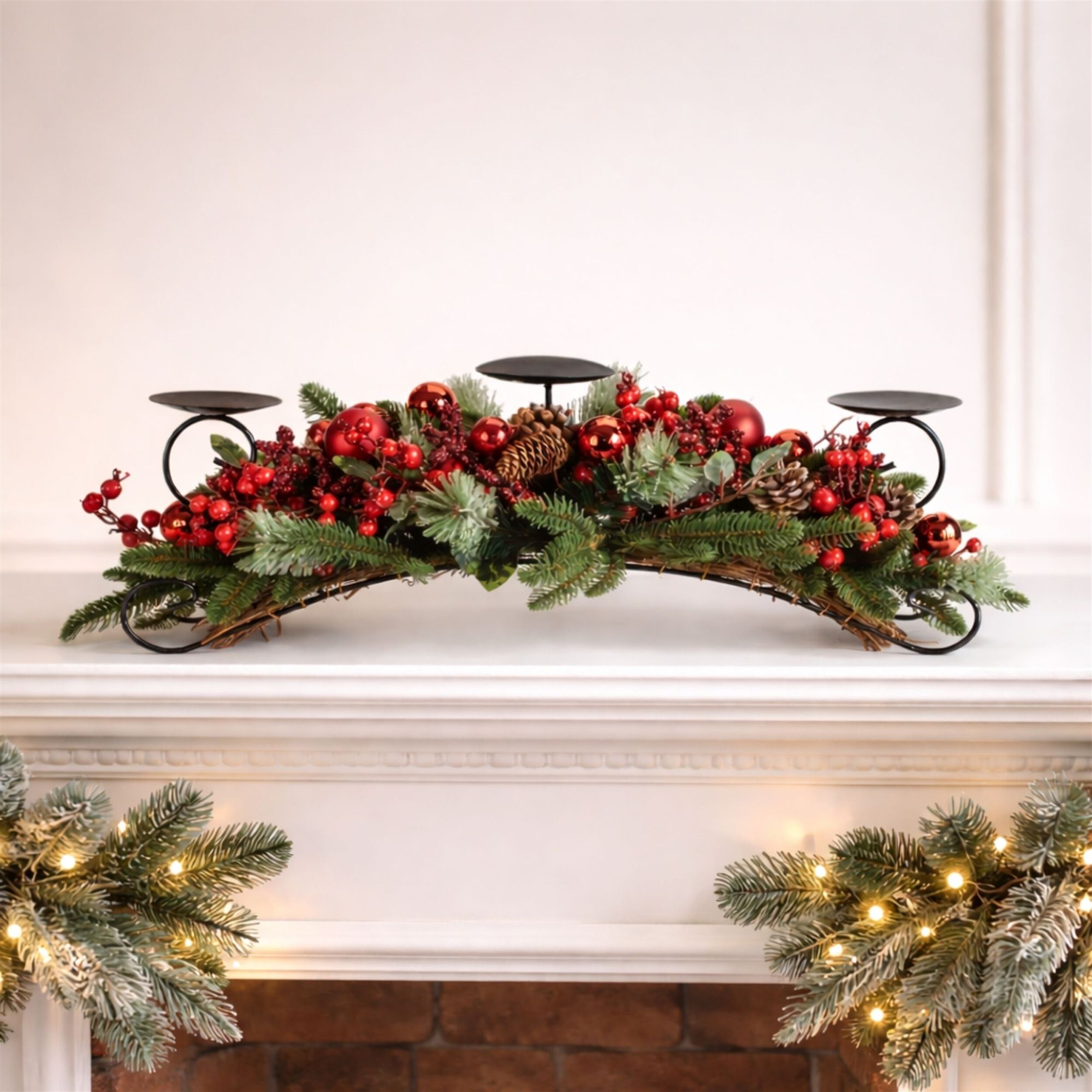 Decorated Pine and Berry Centerpiece Candle Holder 29 inchesL, RED BROWN GREEN, alternate image number 1