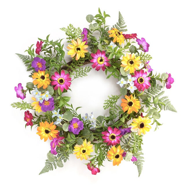 Mixed Fern And Daisy Wildflower Wreath 18 inchesD, ORANGE, hi-res image number 0