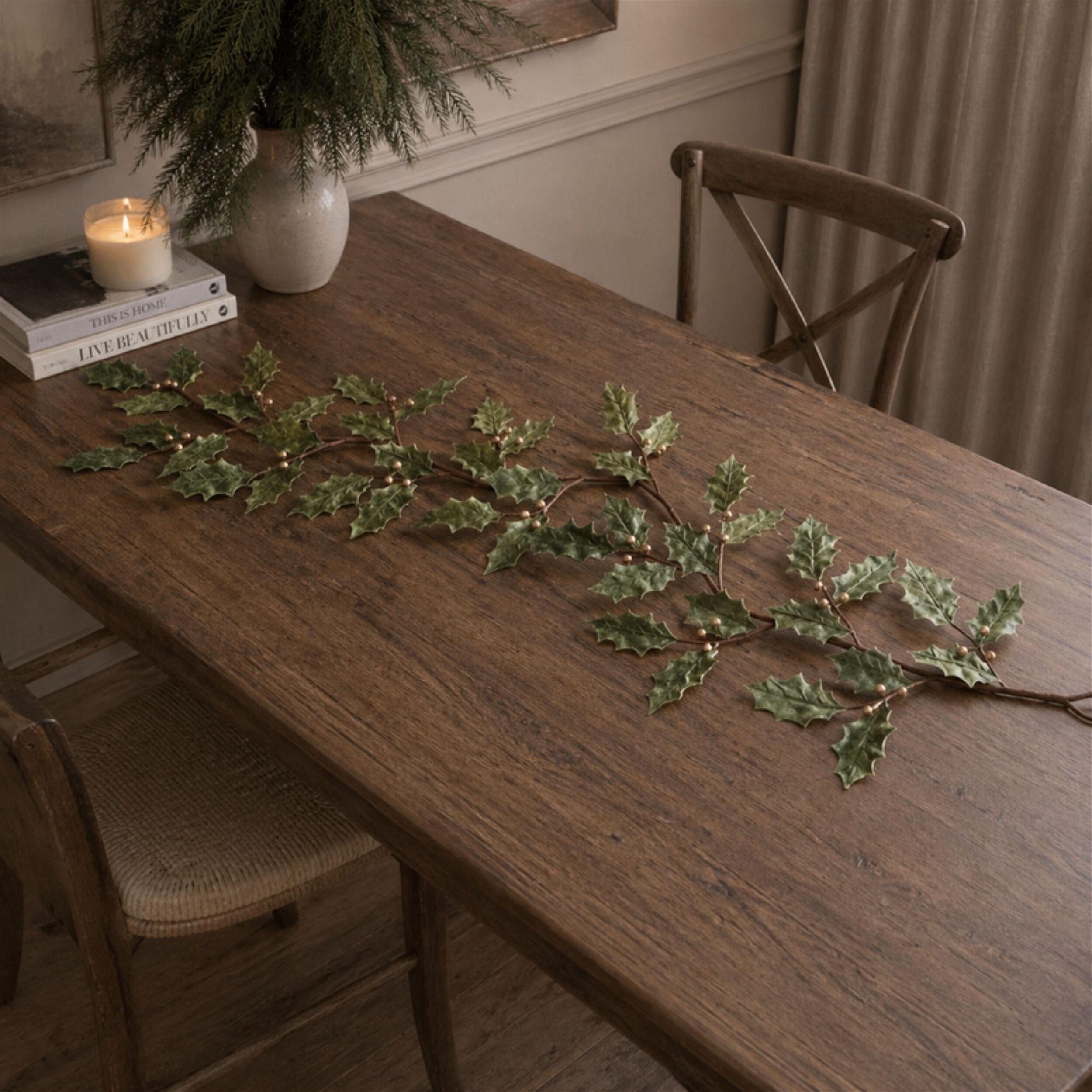 Glittered Holly Leaf Garland (Set of 2), GREEN GOLD, alternate image number 2
