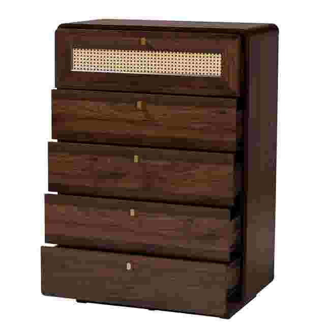 A dark wood chest with a rattan drawer front, shown against a white background.